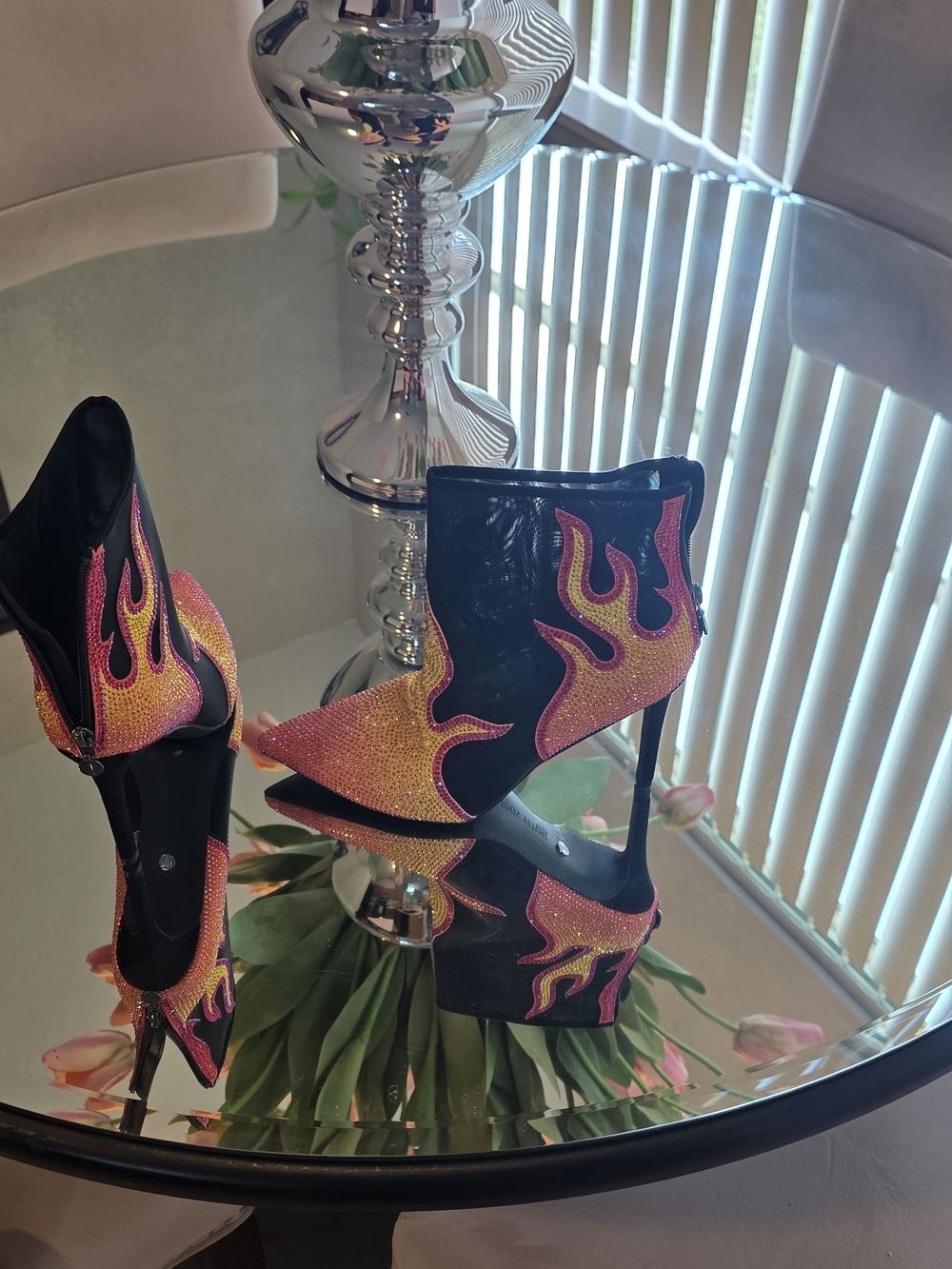 Thalia Sodi Black Ankle Boots with Pink and Orange Flame Crystal Detail